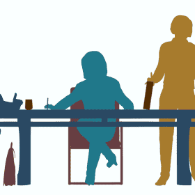 Teamarbeit im Büro mit sechs Personen bei Besprechung und Zusammenarbeit.