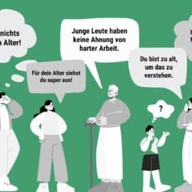 Illustration zeigt verschiedene Altersgruppen mit Vorurteilen am Arbeitsplatz.