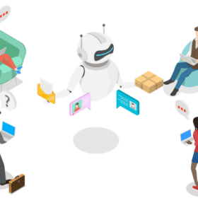 Mensch und Roboter im Gespräch über Datenschutz und KI, umgeben von Nutzern mit Laptops und Tablets.