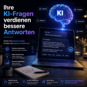 Laptop mit KI-Interface und leuchtendem Gehirn