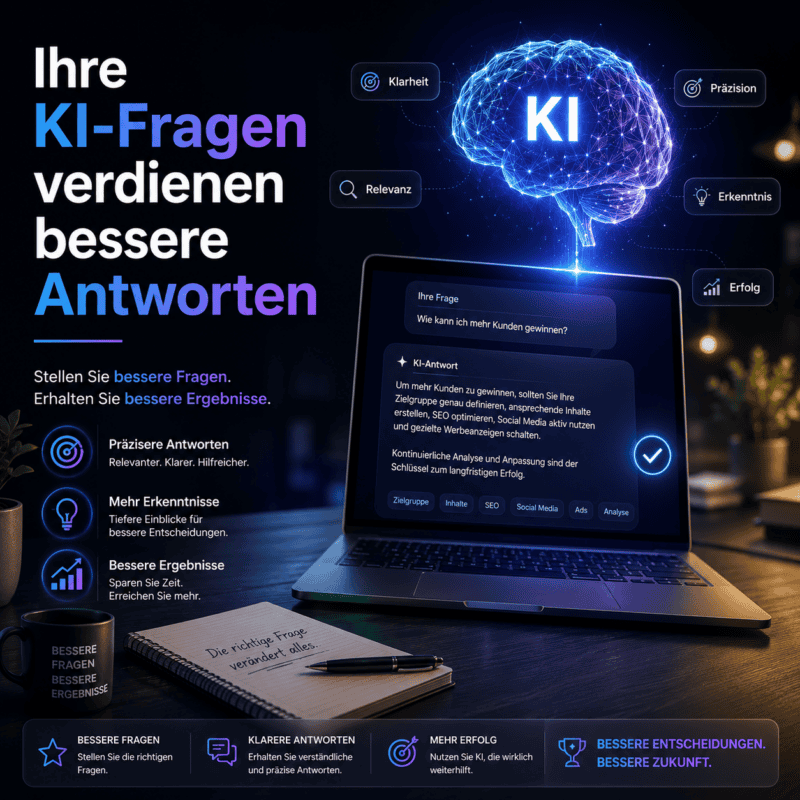 Laptop mit KI-Interface und leuchtendem Gehirn