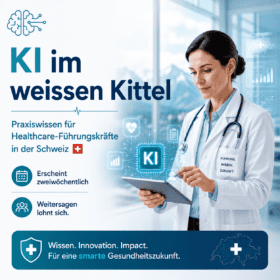 Ärztin mit Tablet und KI-Visualisierung im Spital