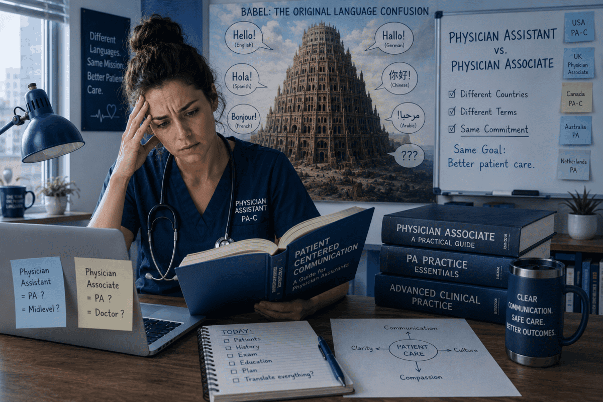 Nachdenkliche Physician Assistant mit Fachbüchern am Schreibtisch
