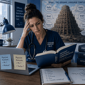 Nachdenkliche Physician Assistant mit Fachbüchern am Schreibtisch